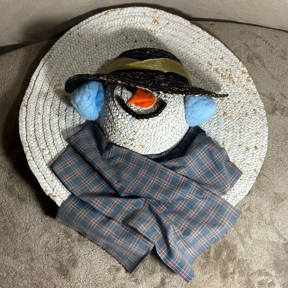 Handmade Straw Hat Snowman Christmas Wall Door Hanging Plaid Scarf 18